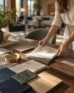 A designer selecting fabrics, stone and timber for a hotel interior
