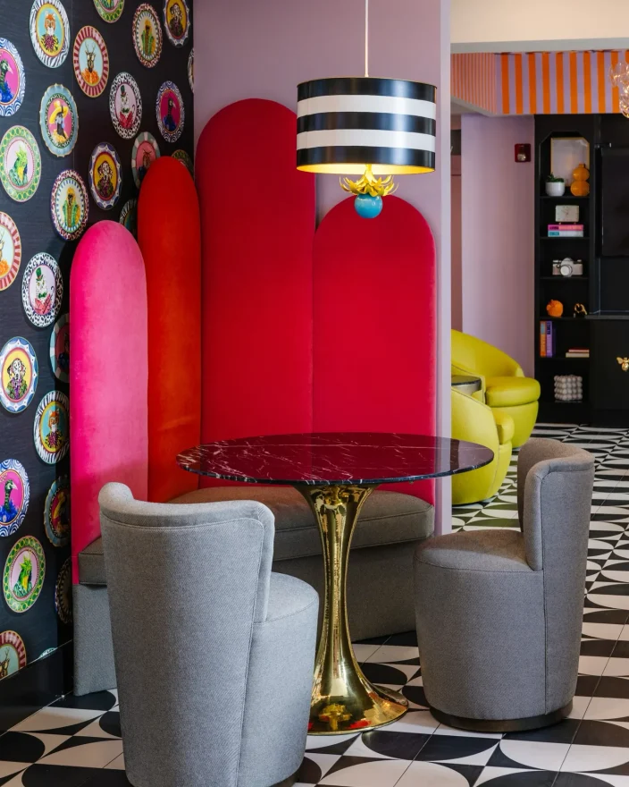 The colorful lounge at Hive House
