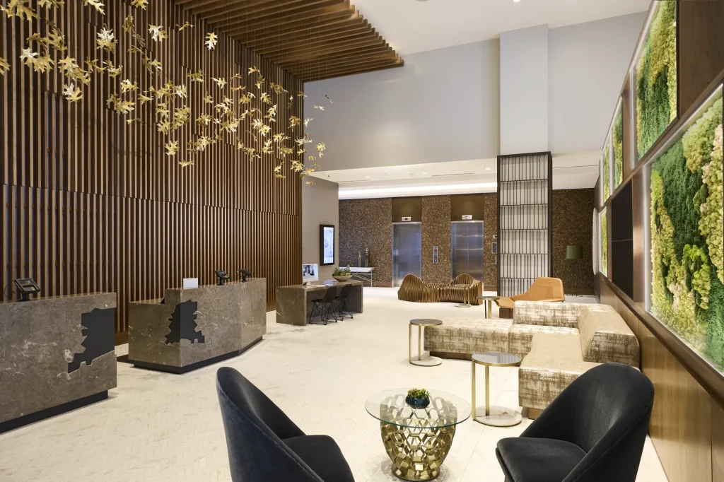 The lobby at The Westin Raleigh-Durham Airport, with sculptural lighting and a living green wall