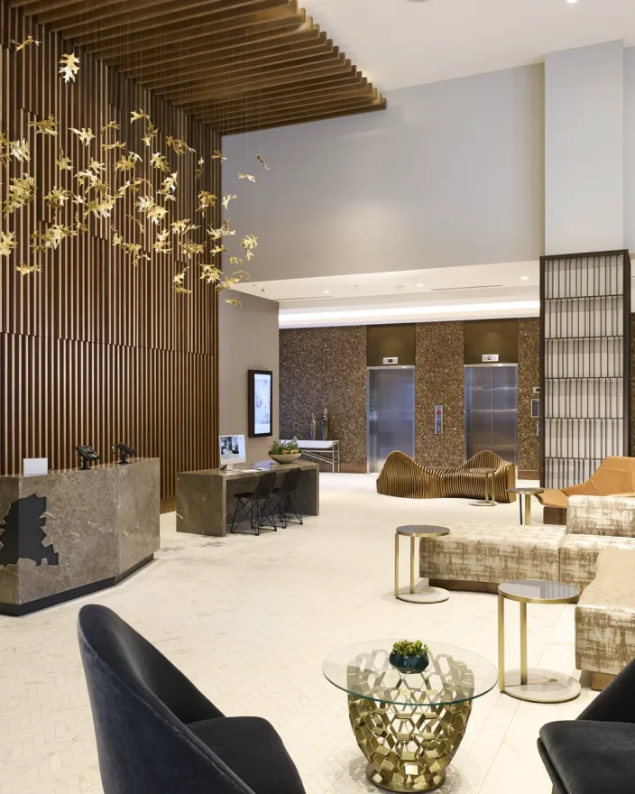 The lobby at The Westin Raleigh-Durham Airport, with sculptural lighting and a living green wall